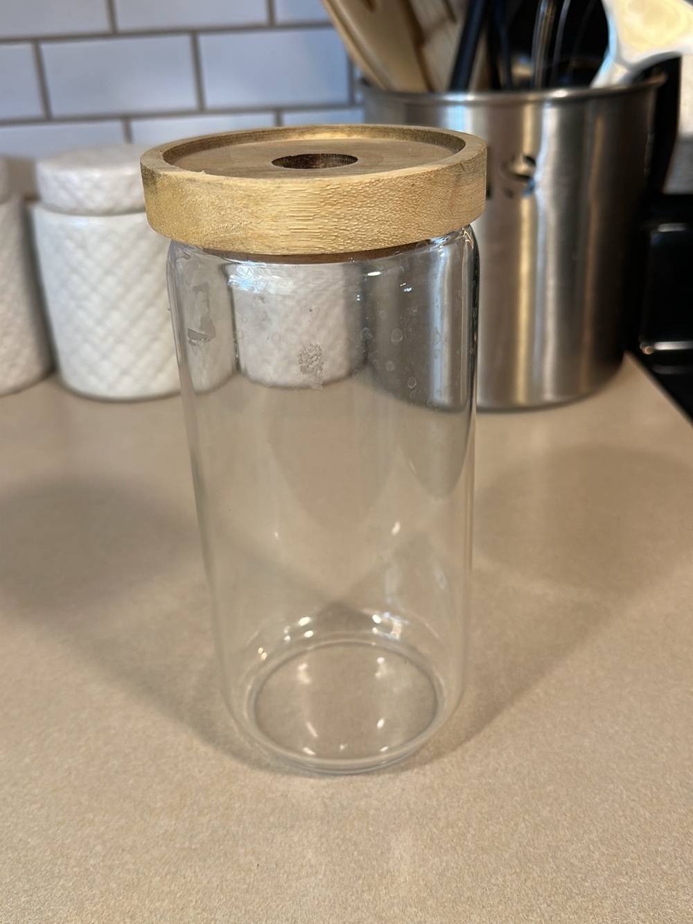 Clear Glass Storage Jar with Natural Wood Lid